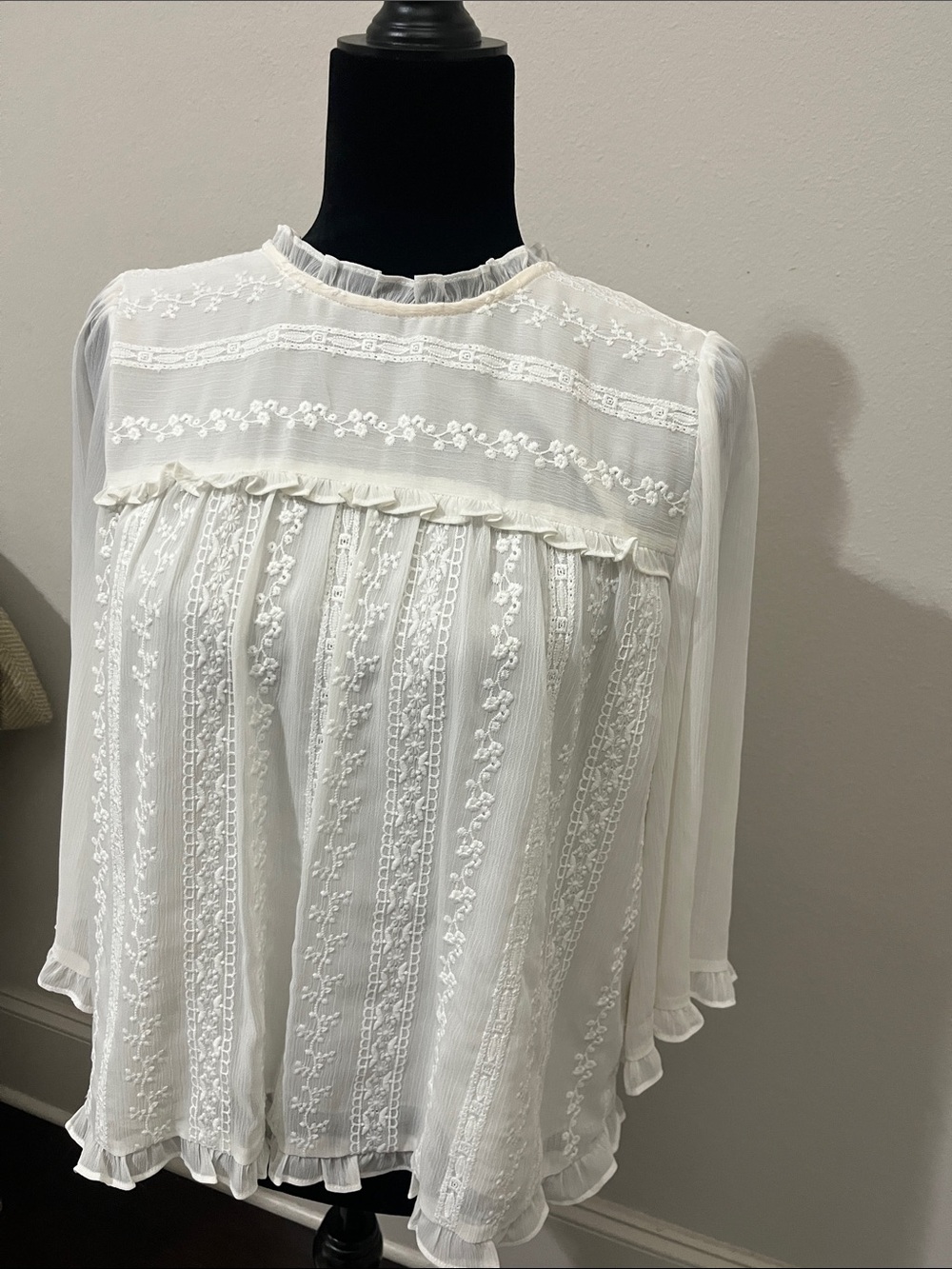 CeCe Ivory Embroidered Ruffle Yoke Blouse